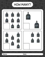 How many counting game with tombstone. worksheet for preschool kids, kids activity sheet vector