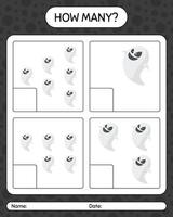 How many counting game with ghost. worksheet for preschool kids, kids activity sheet vector