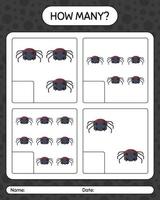 How many counting game with spider. worksheet for preschool kids, kids activity sheet vector