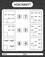 How many counting game with bat. worksheet for preschool kids, kids activity sheet vector