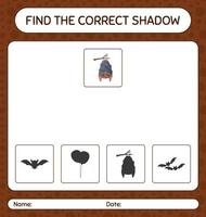 Find the correct shadows game with bat. worksheet for preschool kids, kids activity sheet vector