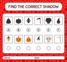 Find the correct shadows game with halloween icon. worksheet for preschool kids, kids activity sheet vector