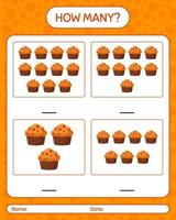 How many counting game with cupcake. worksheet for preschool kids, kids activity sheet vector