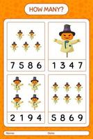 How many counting game with scarecrow. worksheet for preschool kids, kids activity sheet vector