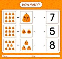 How many counting game with jack o' lantern. worksheet for preschool kids, kids activity sheet vector