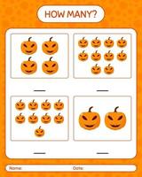 How many counting game with jack o' lantern. worksheet for preschool kids, kids activity sheet vector