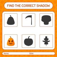 Find the correct shadows game with jack o' lantern. worksheet for preschool kids, kids activity sheet vector