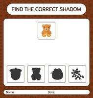 encuentra el juego de sombras correcto con el oso de peluche. hoja de trabajo para niños en edad preescolar, hoja de actividades para niños vector