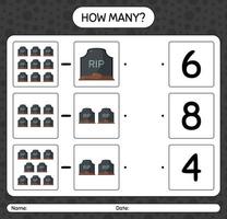 How many counting game with tombstone. worksheet for preschool kids, kids activity sheet vector