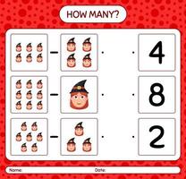 How many counting game with witch. worksheet for preschool kids, kids activity sheet vector