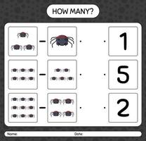 How many counting game with spider. worksheet for preschool kids, kids activity sheet vector