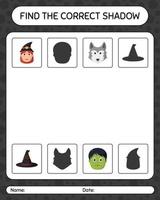 encuentra el juego de sombras correcto con el icono de halloween. hoja de trabajo para niños en edad preescolar, hoja de actividades para niños vector