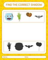 Find the correct shadows game with halloween icon. worksheet for preschool kids, kids activity sheet vector