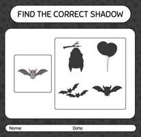 Find the correct shadows game with bat. worksheet for preschool kids, kids activity sheet vector