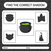 Find the correct shadows game with cauldron. worksheet for preschool kids, kids activity sheet vector