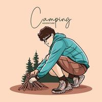 Young boy making campfire in the forest while camping vector illustration free download