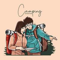 Young couple in the forest showing something vector illustration free download