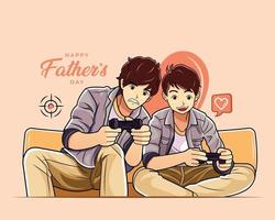 Happy fathers day. father and son playing video game online vector illustration pro download