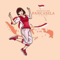 Pancasila day. young girl are jumping cheerfully vector illustration free download