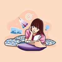 Young girl lying relaxed reading a book. freelance or learn concept vector illustration free download