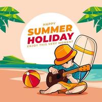 It summer time. Little boy playing Hawaiian ukulele on the beach vector illustration pro download