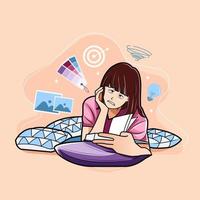 Young girl dizzy while thinking about something. freelance or studying concept vector illustration pro download