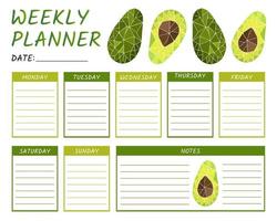 linda plantilla de planificador de calendario semanal con aguacate vector