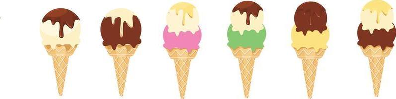 Vector illustration of soft serve ice cream cones in a variety of flavors.
