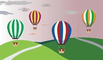 Couple flying hot air balloon above mountains. Air balloon festival vector flat illustration. Romantic summer travel concept.