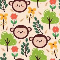 seamless pattern hand drawing cartoon monkey and flower. animal drawing for fabric print, textile, gift wrap paper