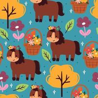 seamless pattern wallpaper cartoon horse and plant vector