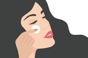 hermosa cara de mujer aplicando crema hidratante en su cara ilustración vectorial. belleza, cuidado de la piel, cosméticos, concepto de spa vector