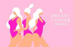 Breast cancer awareness for love and support. Beautiful young women standing with pink ribbon brooch  vector illustration. Breast cancer concept background