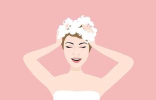 Beautiful woman washing her hair with shampoo vector illustration. Beauty, spa, salon hair care concept