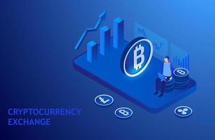 Cryptocurrency exchange and blockchain market, man analyzing cryptocurrency, financial and investment in digital asset, vector illustration