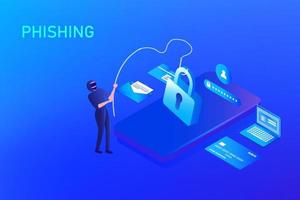 Phishing scam, hacker crime attack and personal data security concept. Hacker try to unlock the key and phishing account, stealing password. cyber security vector illustration