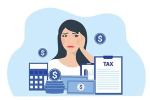 Tax time and tax payment concept. woman has a headache with tax calculation vector illustration