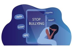 Stop bullying and cyber bullying concept, depressed woman suffering with negative criticism, and online hate speech vector illustration