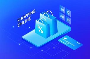 Online shopping and delivery service concept, sale shopping bag on smartphone and credit card vector illustration