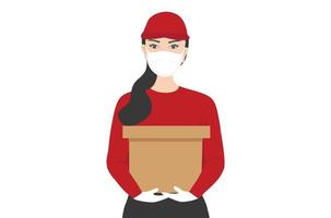 Delivery woman with face mask holding delivery box to customer vector illustration. Covid-19 prevention, online delivery service and delivery safety concept