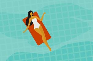 mujer flotando y tomando el sol relajándose en la ilustración vectorial de la piscina. concepto de vacaciones de verano vector