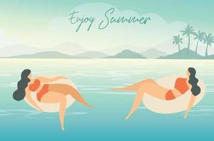 disfrute de las letras de verano en mujeres bikini en el anillo en la ilustración de vector de playa de mar. fondo de concepto de vacaciones de vacaciones de verano