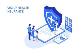 Family life and health insurance concept, family buy insurance to protect family vector illustration. Heath care, insurance and  medical concept