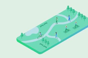 Healthy people exercising in park vector illustration. Healthy lifestyle and healthcare concept
