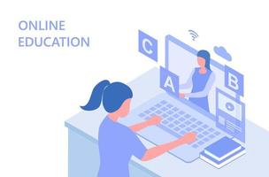 Online education and e-learning. Children stay home and studying online with video conference during covid-19 coronavirus outbreak vector illustration. New normal global education vector illustration