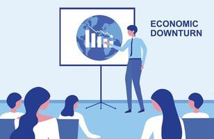 Senior businessman doing presentation of world economic downturn from COVID-19 global economic impact, crisis and financial problem vector illustration.