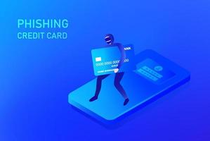 Phishing scam, hacker crime attack and personal data security concept. Hacker stealing online credit card password vector illustration