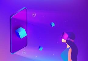 Woman wearing virtual reality goggle glass, having 3d experience in virtual reality in metaverse world vector illustration. Metaverse and blockchain 3D experience technology concept