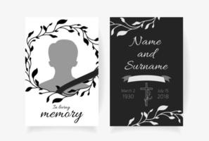 Funeral card template design with branches place under photo cross name and dates of death. Vector illustration in black and white