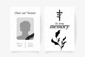 Funeral card template design with branches place under photo cross name and dates of death. Vector illustration in black and white